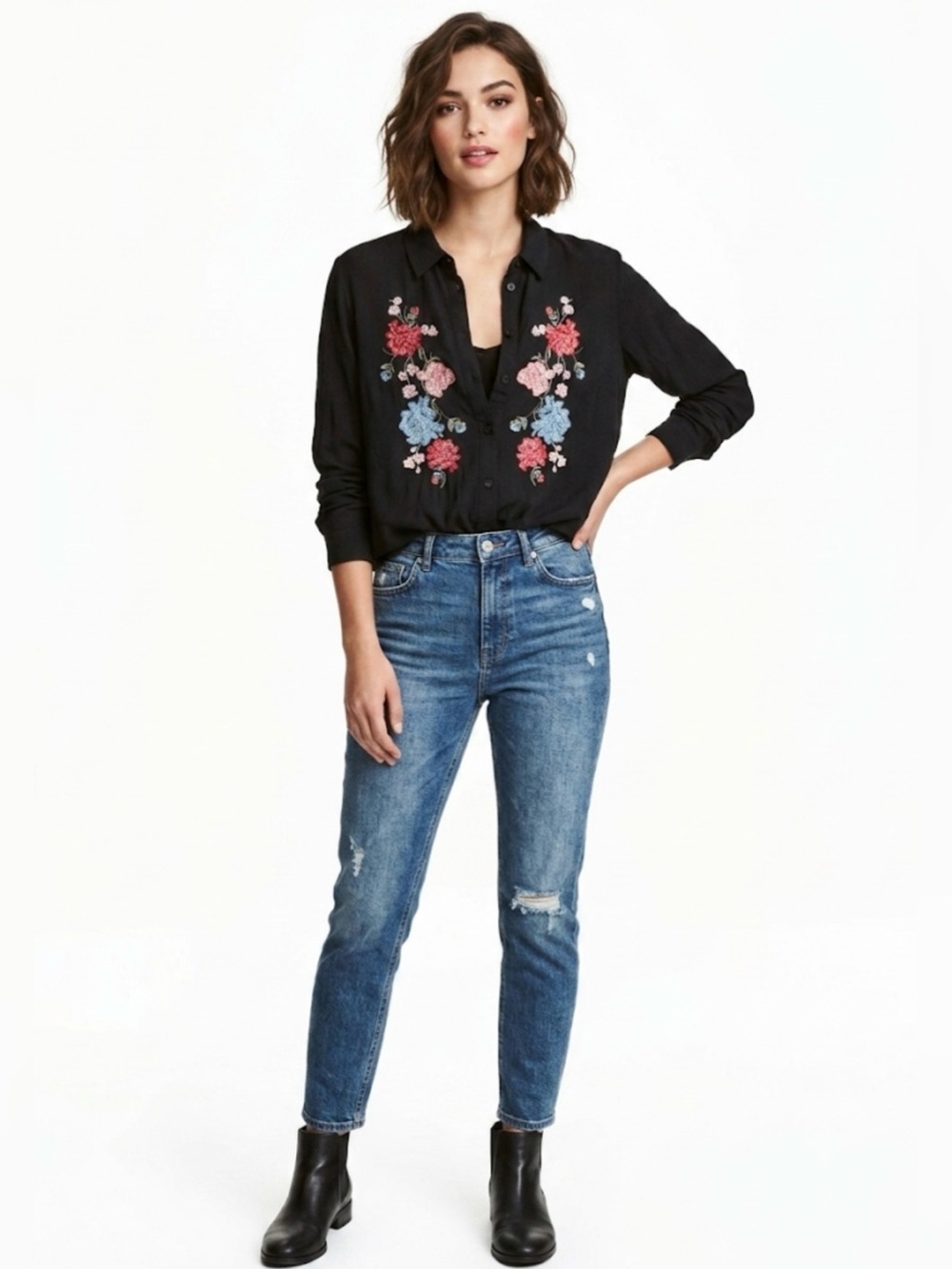 H&M Divided Embroidered Floral Button-Down Top Woman’s Size 14